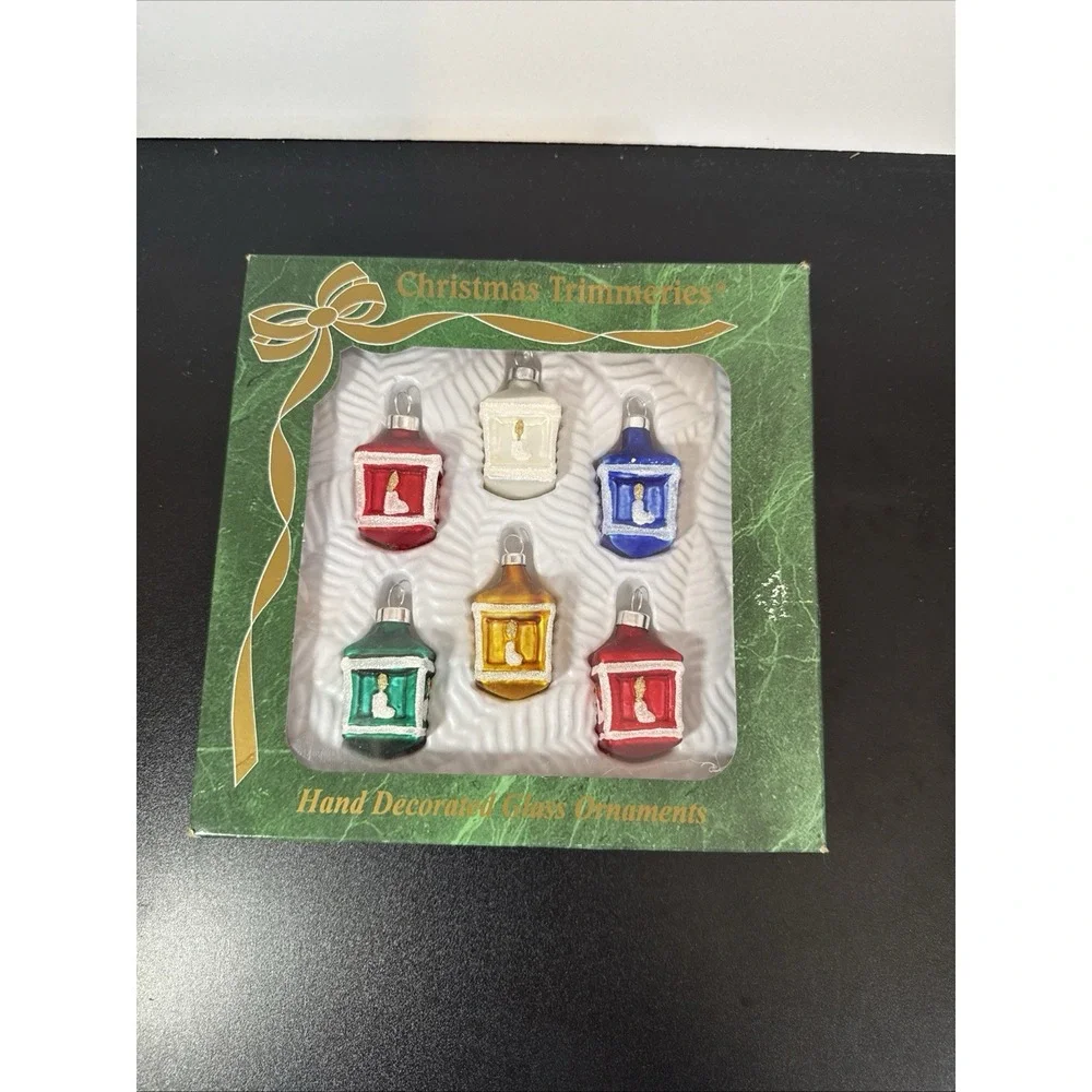6 Vintage‎ Bradford Lantern Ornaments Glass Candle Christmas Trimmeries Colorful